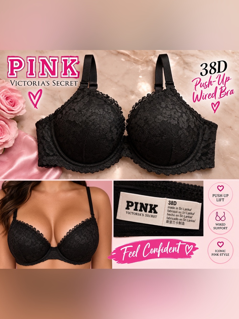 PINK Victoria's Secret Black Lace Underwire Bra 38D NEW WITH TAGS